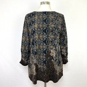 Susan Graver Womens M Top Liquid Knit Ruched Slvs Black Taupe Print #B